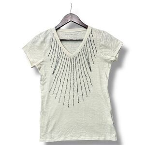 Y2K Calvin Klein Jeans Women's Beige Beaded T-Shirt Size PS Streetwear Boho Chic